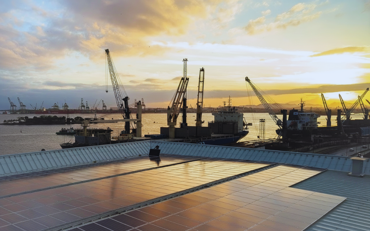 Usina solar em cobertura industrial ao pôr do sol